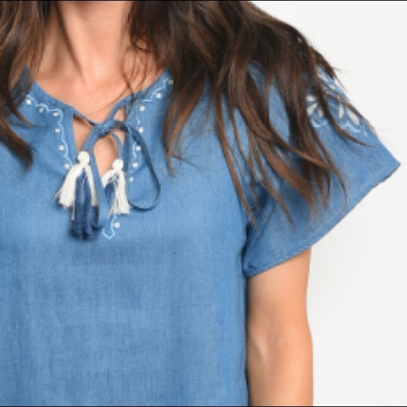 Indigo embroidered denim chambray tunic dress. - Picture 3 of 6